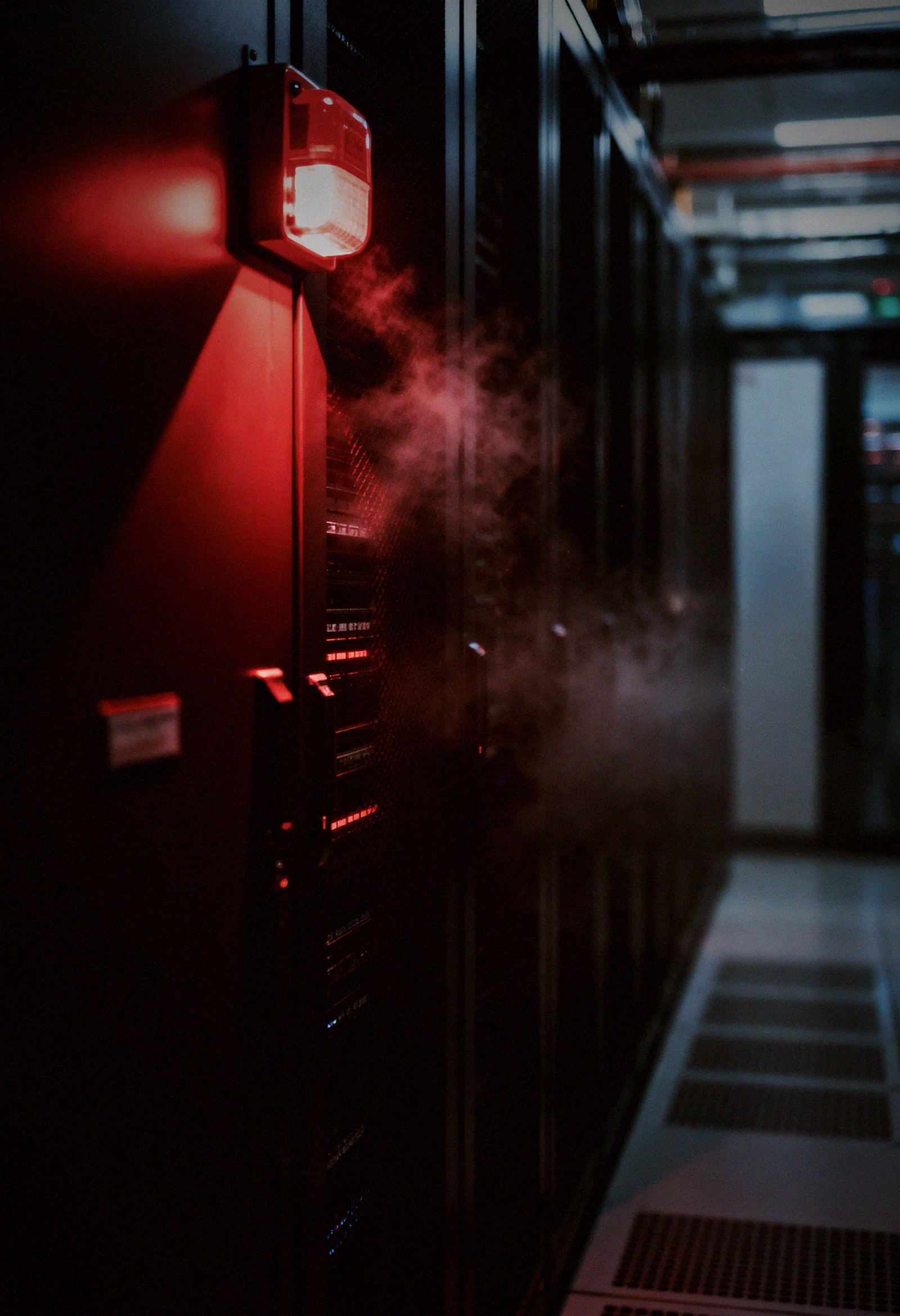 An operations centre lit by an emergency warning light as an account-recovery workflow is abused.